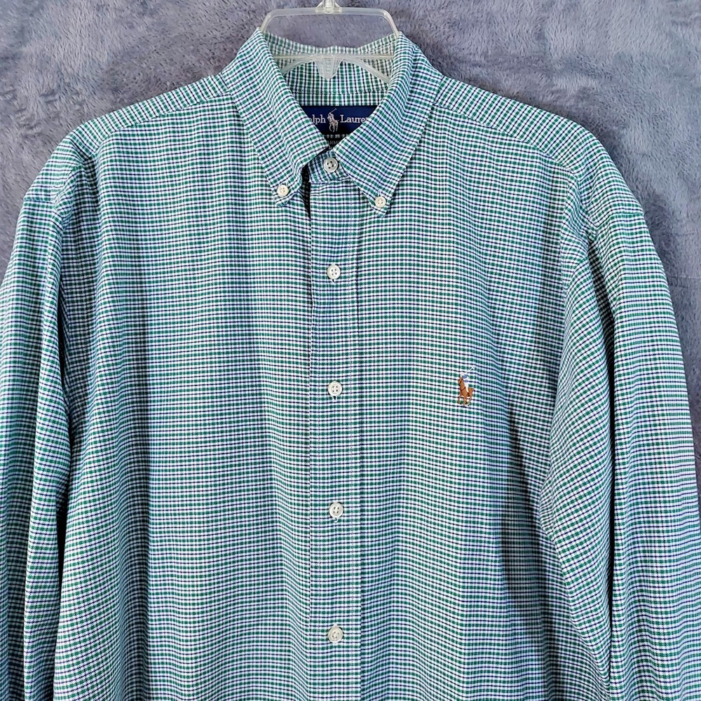 Ralph Lauren Yarmouth Cotton Oxford Mens 15.5 32-33 Green Check Flesh Pony Shirt